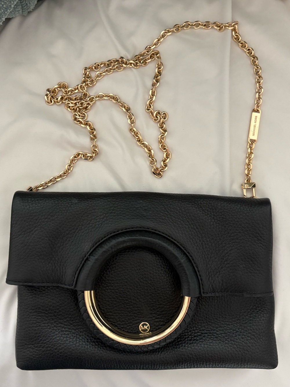 Michael Kors Black Leather Fold Over Clutch with Gold Ring and Crossbody Chain